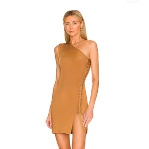 One Shoulder light brown bodycon dress with a side lacing and a slit.
